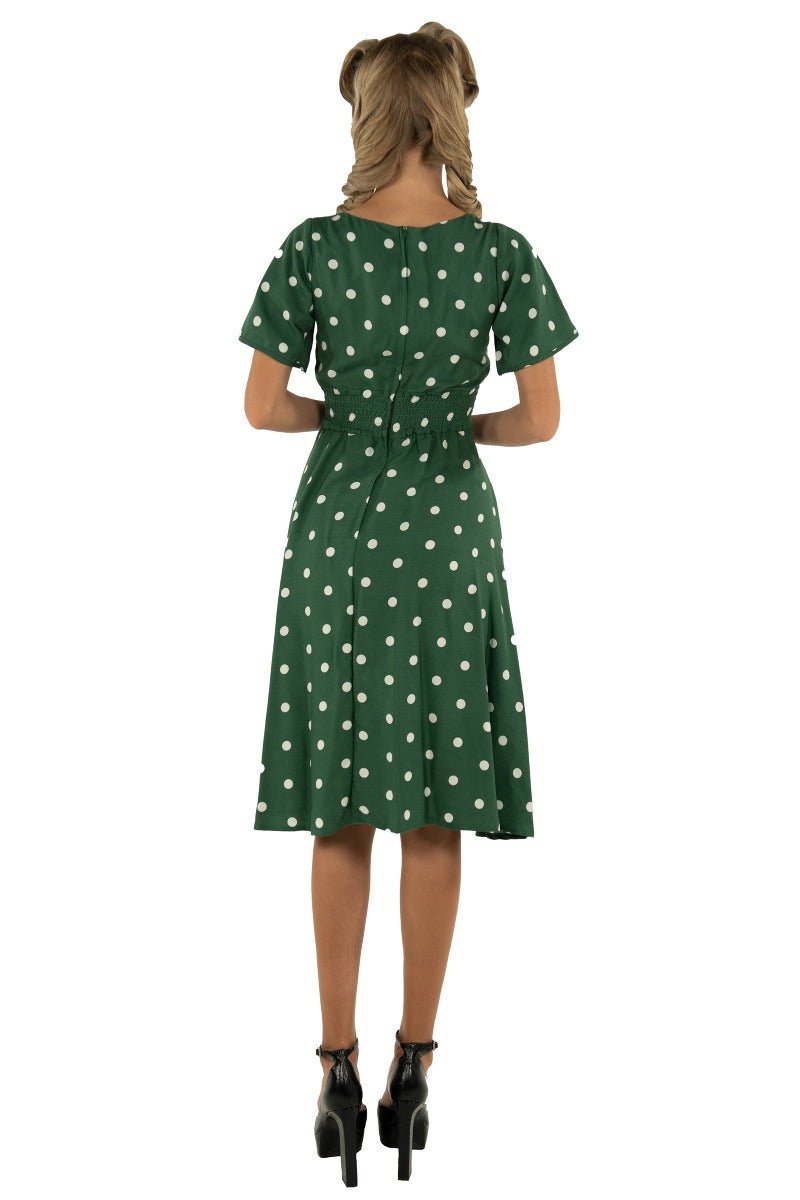 Janice V-Neck Flared Tea Dress in Green Polka Dot Print