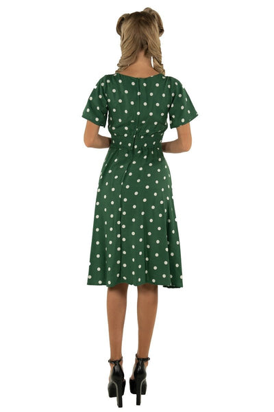 Janice V-Neck Flared Tea Dress in Green Polka Dot Print