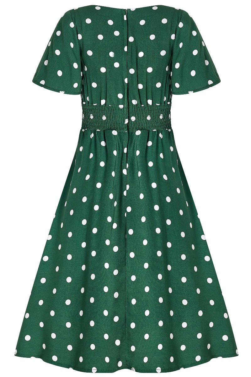 Janice V-Neck Flared Tea Dress in Green Polka Dot Print