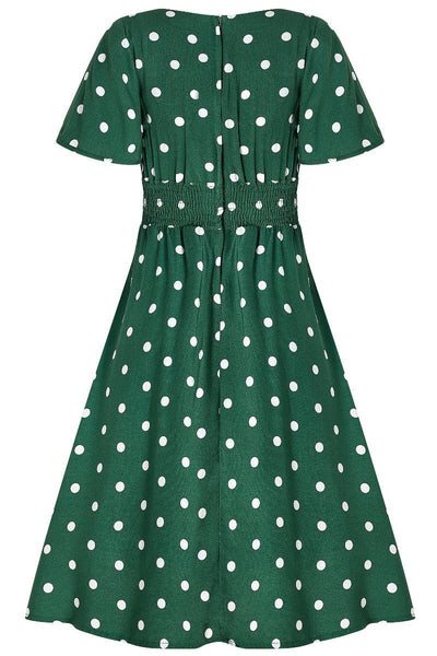 Janice V-Neck Flared Tea Dress in Green Polka Dot Print