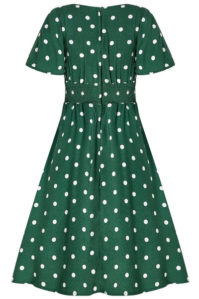 Janice V-neck Petal Sleeved Flared Dress in Green & White Polka Dots