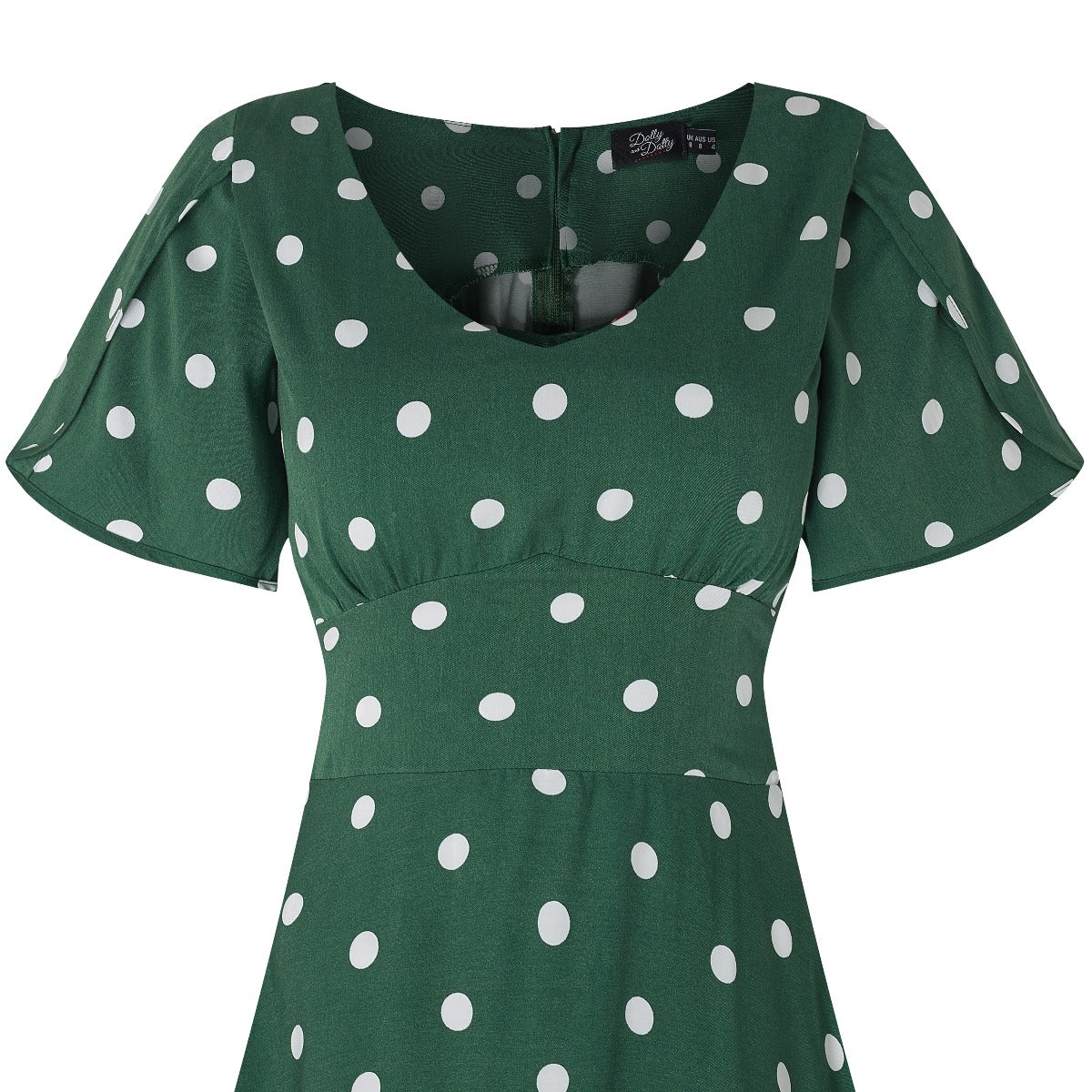 Janice V-Neck Flared Tea Dress in Green Polka Dot Print