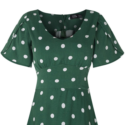 Janice V-Neck Flared Tea Dress in Green Polka Dot Print