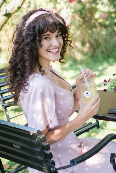 Woman's V-neck Petal Sleeved Flared Dress in Pale Pink & Off White Polka Dots