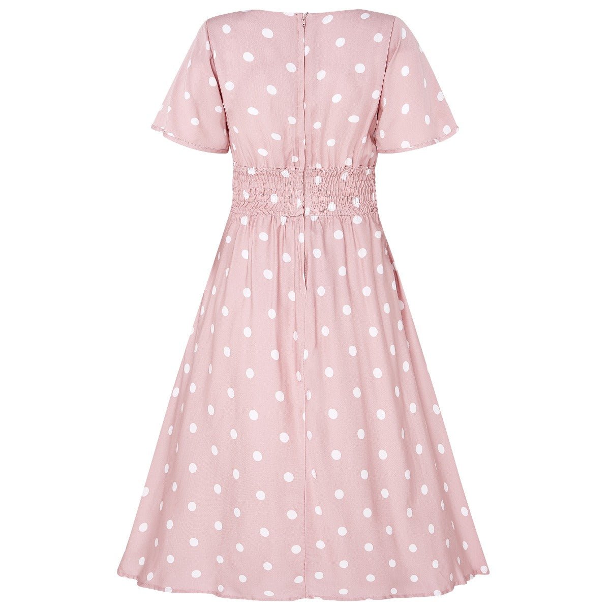 Janice V-Neck Sleeved Tea Dress in Pink Polka Dot Print