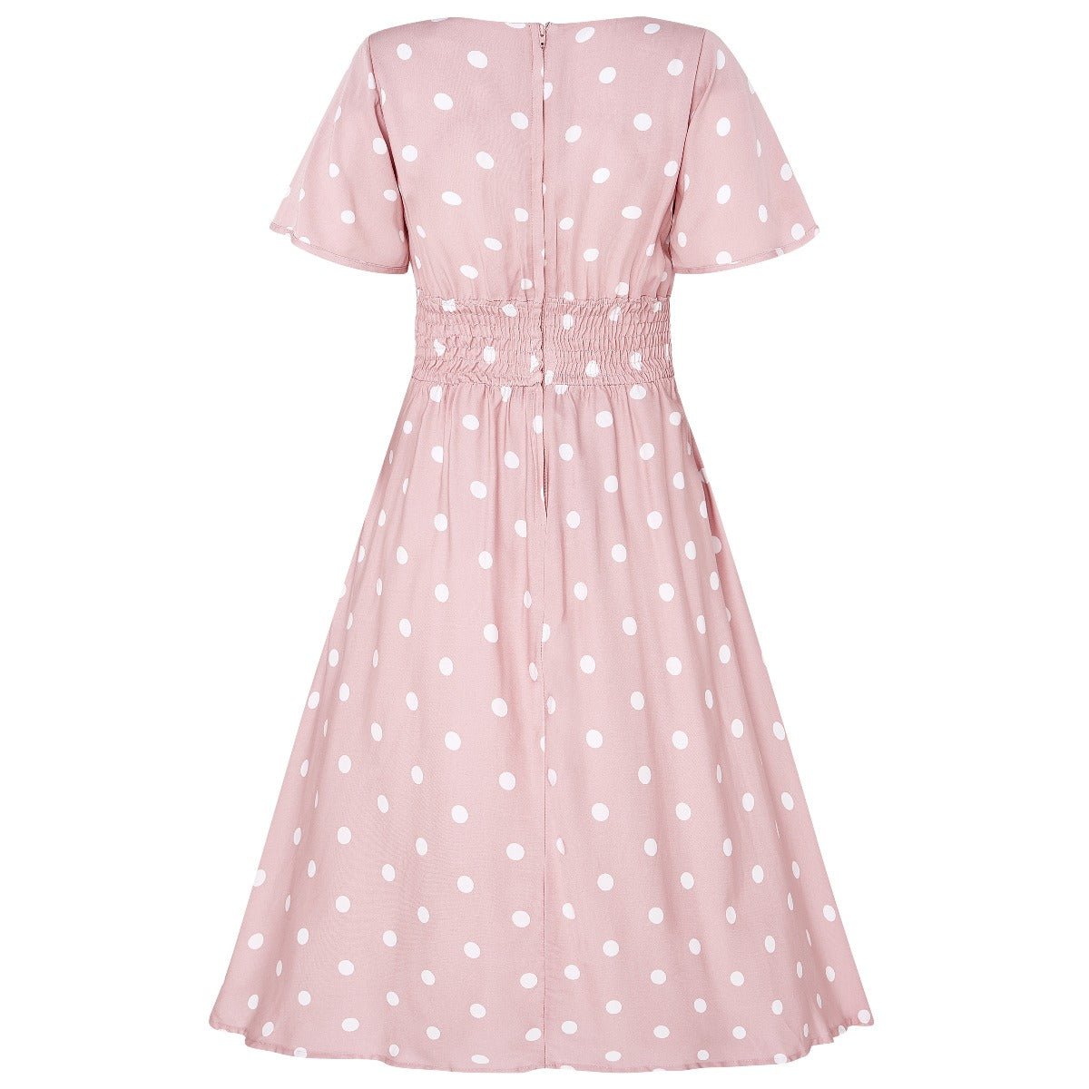 Janice V-neck Petal Sleeved Flared Dress in Pale Pink & Off White Polka Dots