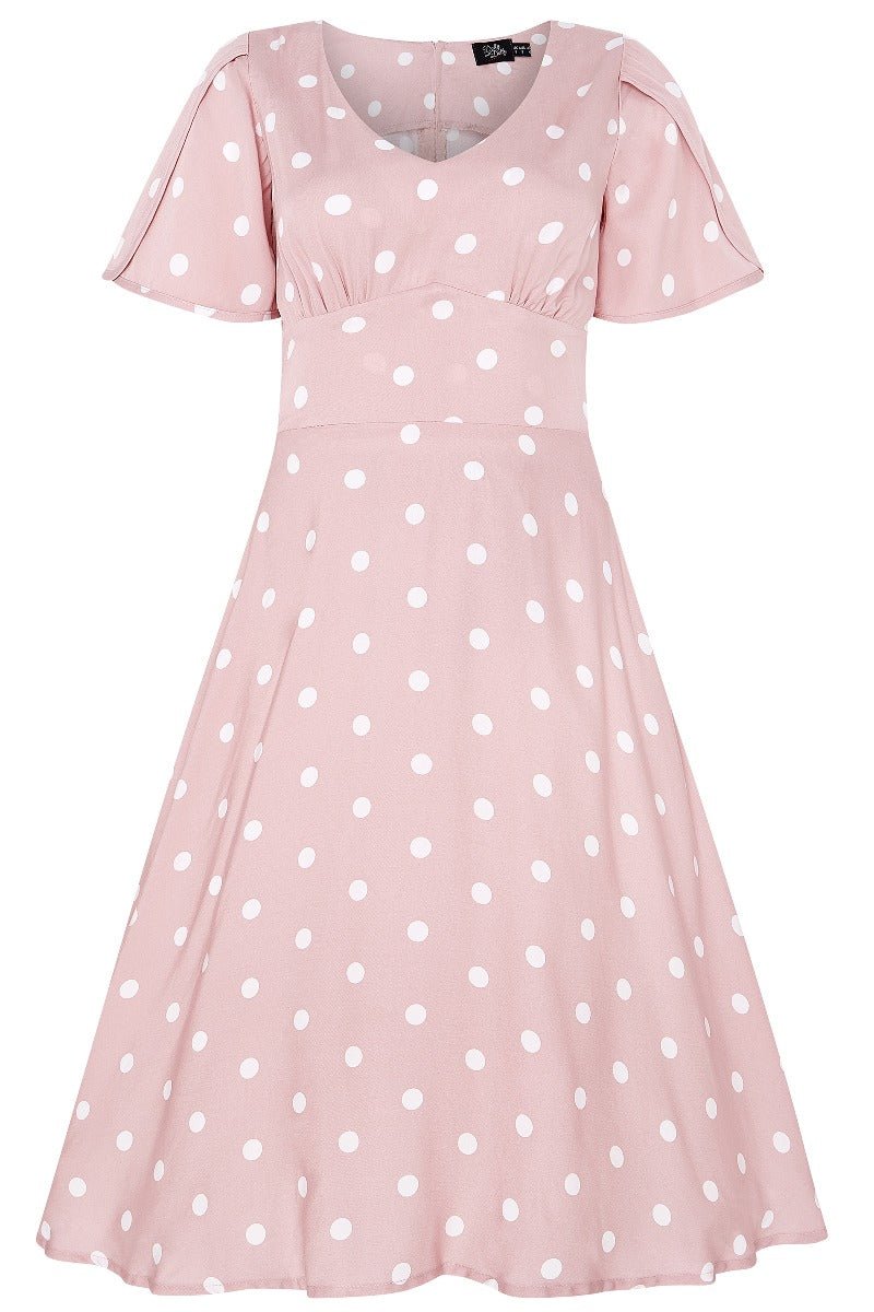 Janice V-Neck Sleeved Tea Dress in Pink Polka Dot Print