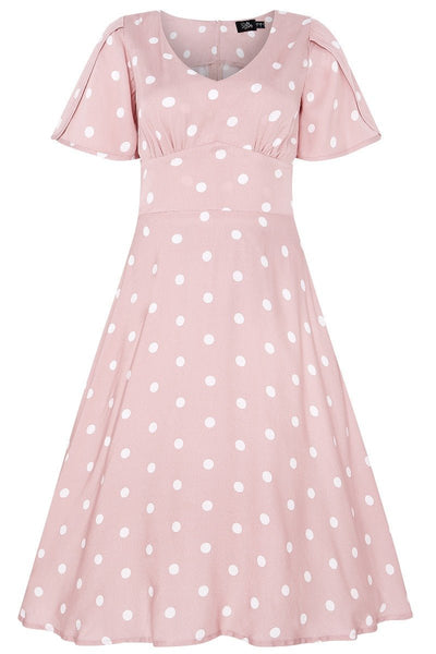 Janice V-Neck Sleeved Tea Dress in Pink Polka Dot Print