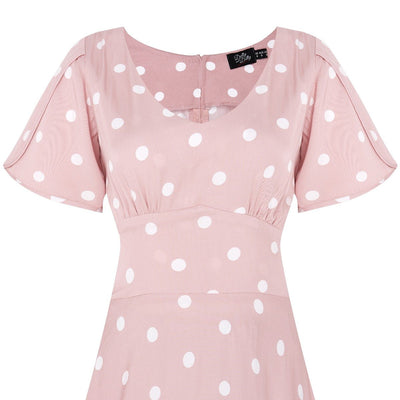 Janice V-Neck Sleeved Tea Dress in Pink Polka Dot Print