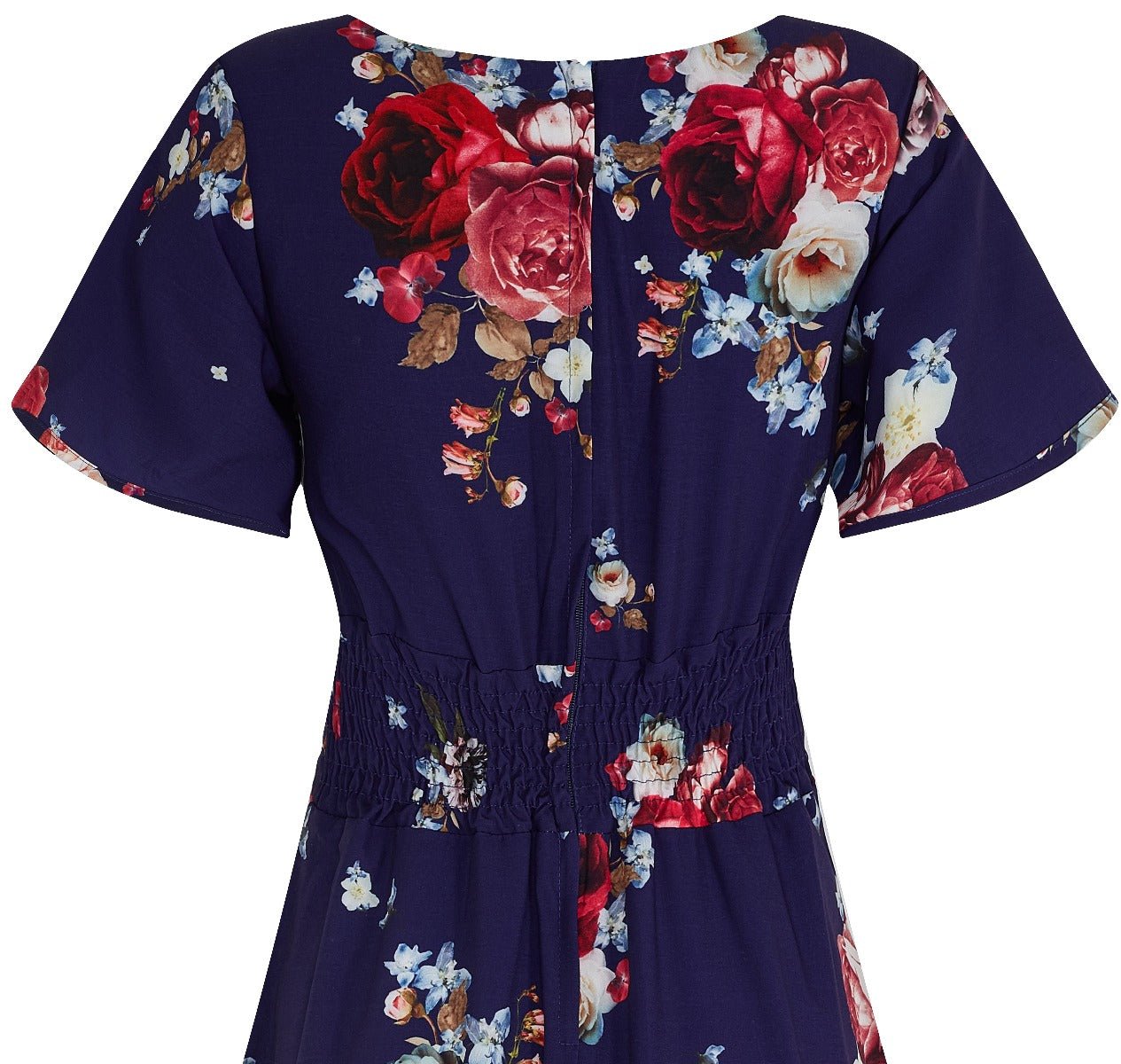 Janice V-neck Petal Sleeved Flared Dress - Navy Floral Rose Print