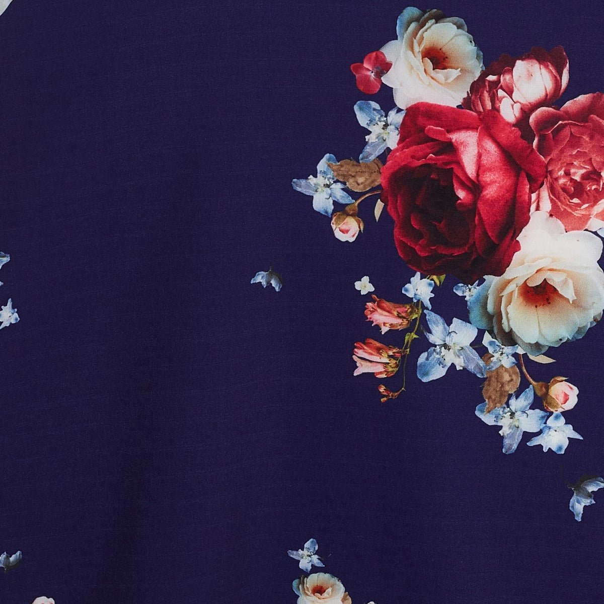 Janice V-neck Petal Sleeved Flared Dress - Navy Floral Rose Print