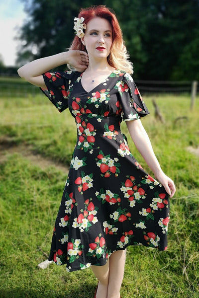Woman's V-neck Petal Sleeved Flared Dress- Black with Red Strawberries & White Flowers