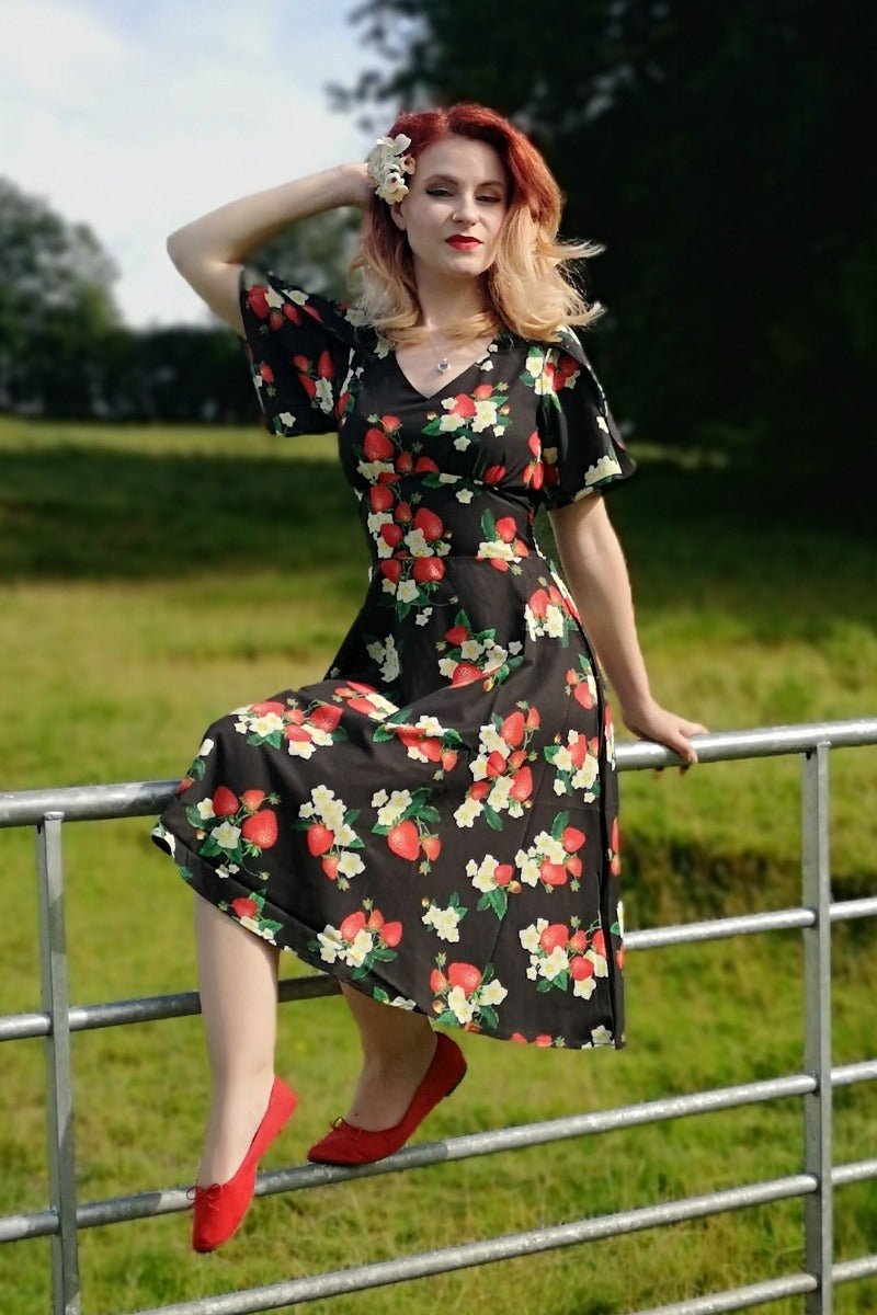 Woman's V-neck Petal Sleeved Flared Dress- Black with Red Strawberries & White Flowers