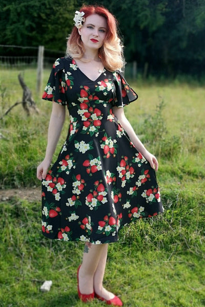 Woman's V-neck Petal Sleeved Flared Dress- Black with Red Strawberries & White Flowers