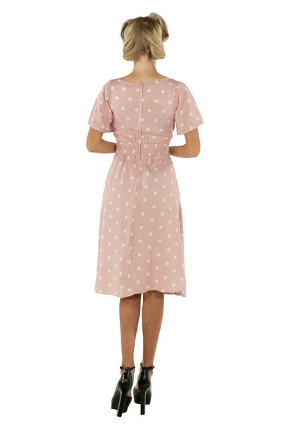 Janice V-neck Petal Sleeved Flared Dress in Pale Pink & Off White Polka Dots