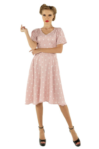 Janice V-neck Petal Sleeved Flared Dress in Pale Pink & Off White Polka Dots