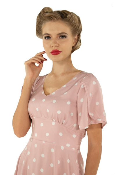Janice V-neck Petal Sleeved Flared Dress in Pale Pink & Off White Polka Dots