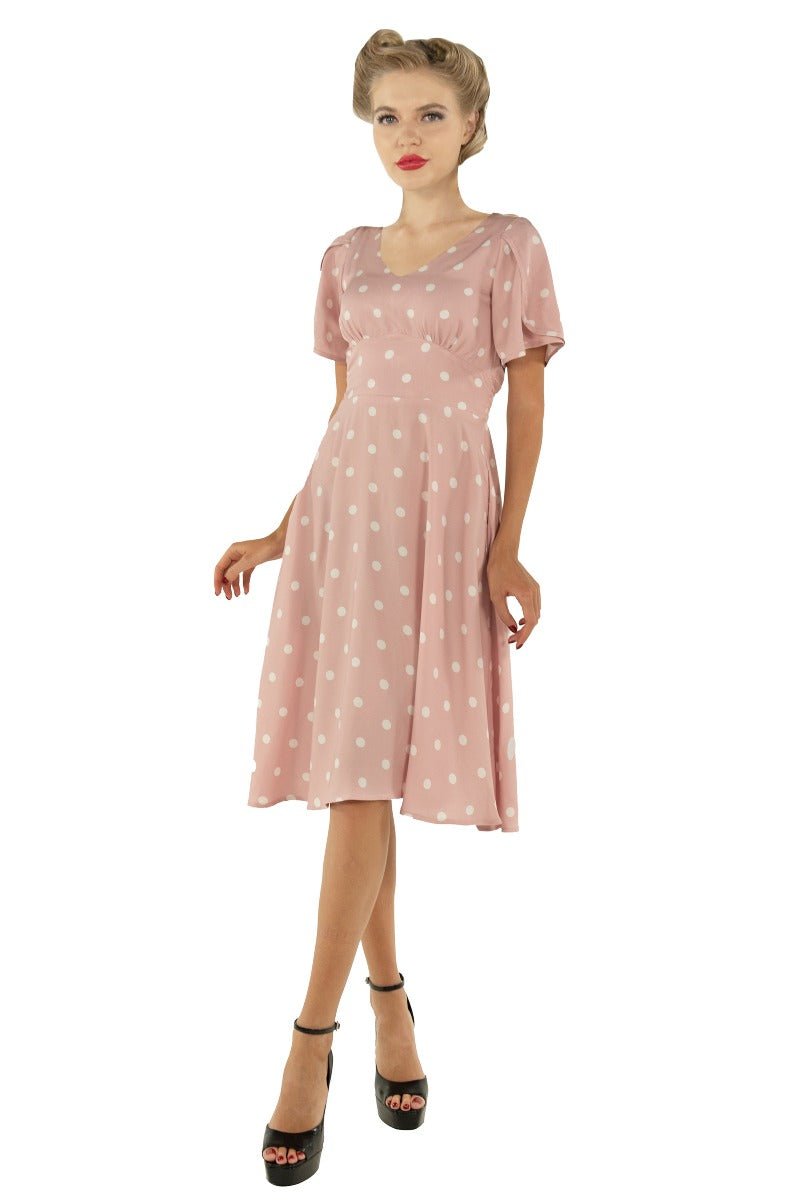 Janice V-neck Petal Sleeved Flared Dress in Pale Pink & Off White Polka Dots