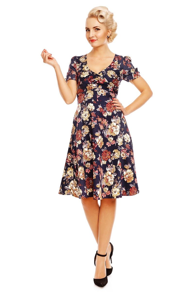 Katherine Short Sleeve 50s Style Floral Swing Dress in Navy Blue