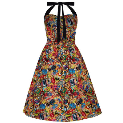 Sophia halterneck dress in mustard, with a pop art comic print, back view