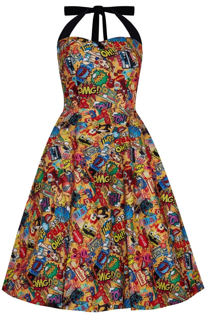 Sophia halterneck dress in mustard, with a pop art comic print, front view