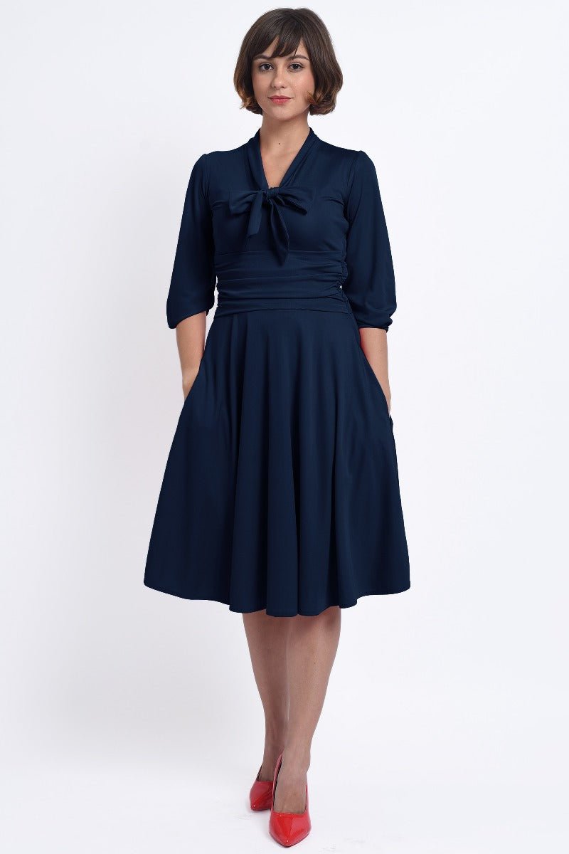 Sandra Vintage  Stretchy Navy Blue Bow Tie Dress