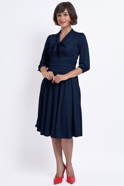 Sandra Vintage  Stretchy Navy Blue Bow Tie Dress