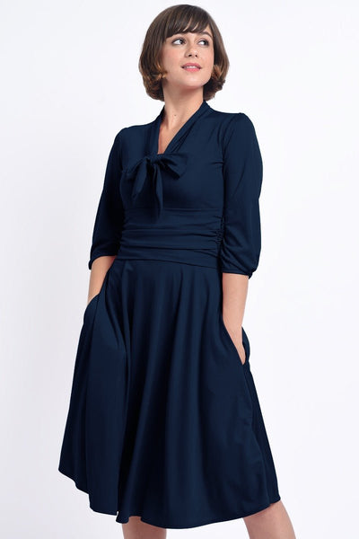 Sandra Vintage  Stretchy Navy Blue Bow Tie Dress