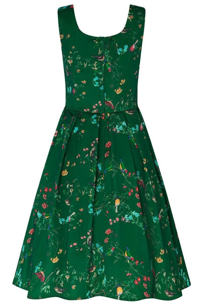 Amanda Vintage Inspired Forest Green Bird Print Dress