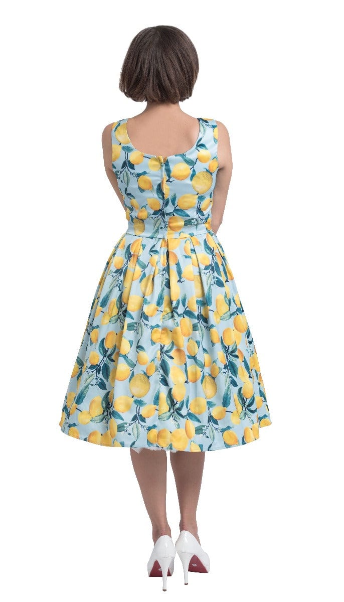 Amanda Vintage Inspired Lemon Print Dress in Pale Blue with Hidden Pockets & a Scoop Neckline