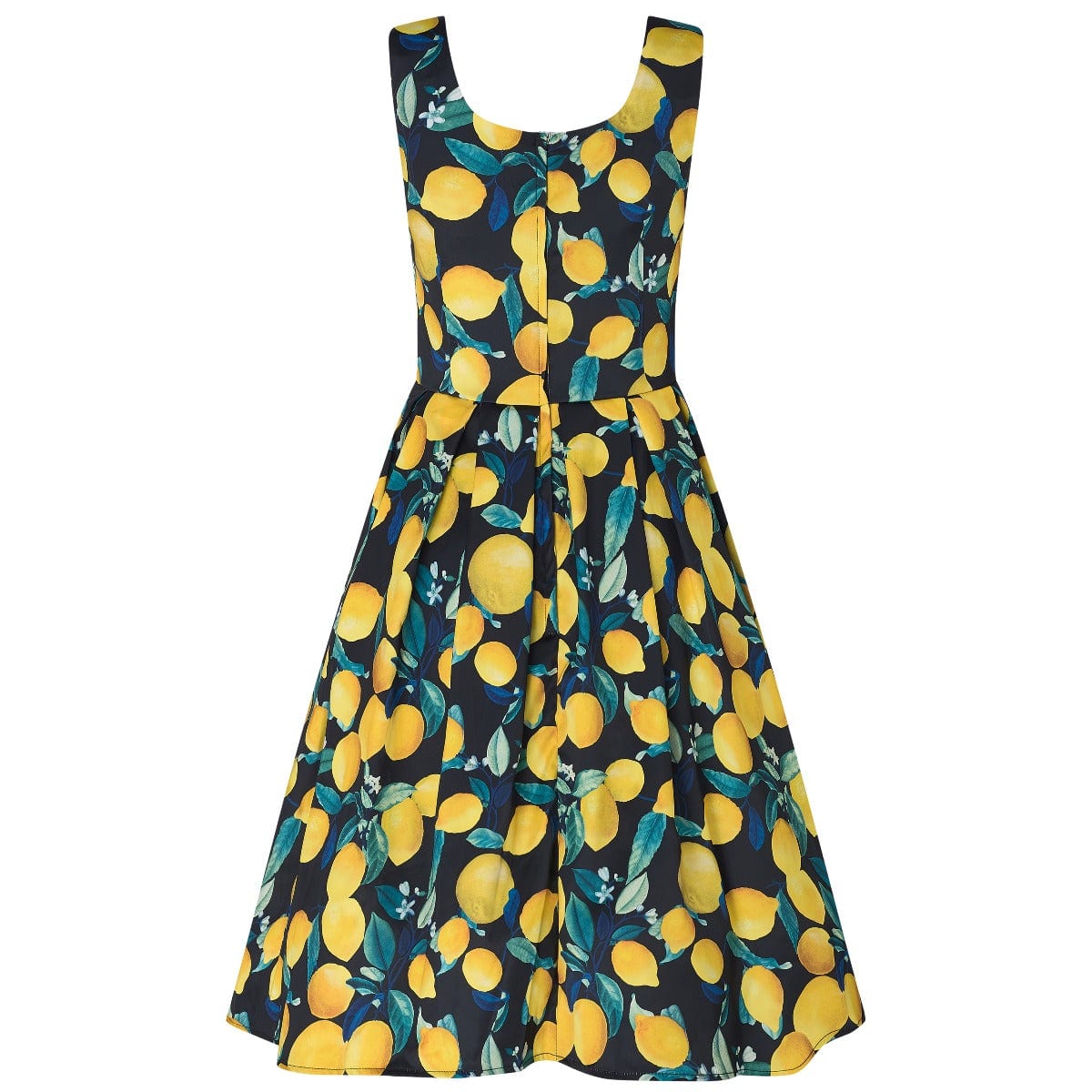 Amanda Vintage Inspired Lemon Print Dress in Dark Blue with a Scoop Neckline & Hidden Pockets
