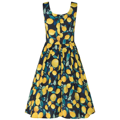 Amanda Vintage Inspired Lemon Print Dress in Dark Blue with a Scoop Neckline & Hidden Pockets