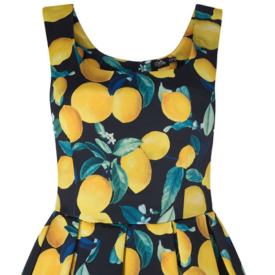 Amanda Vintage Inspired Lemon Print Dress in Dark Blue with a Scoop Neckline & Hidden Pockets