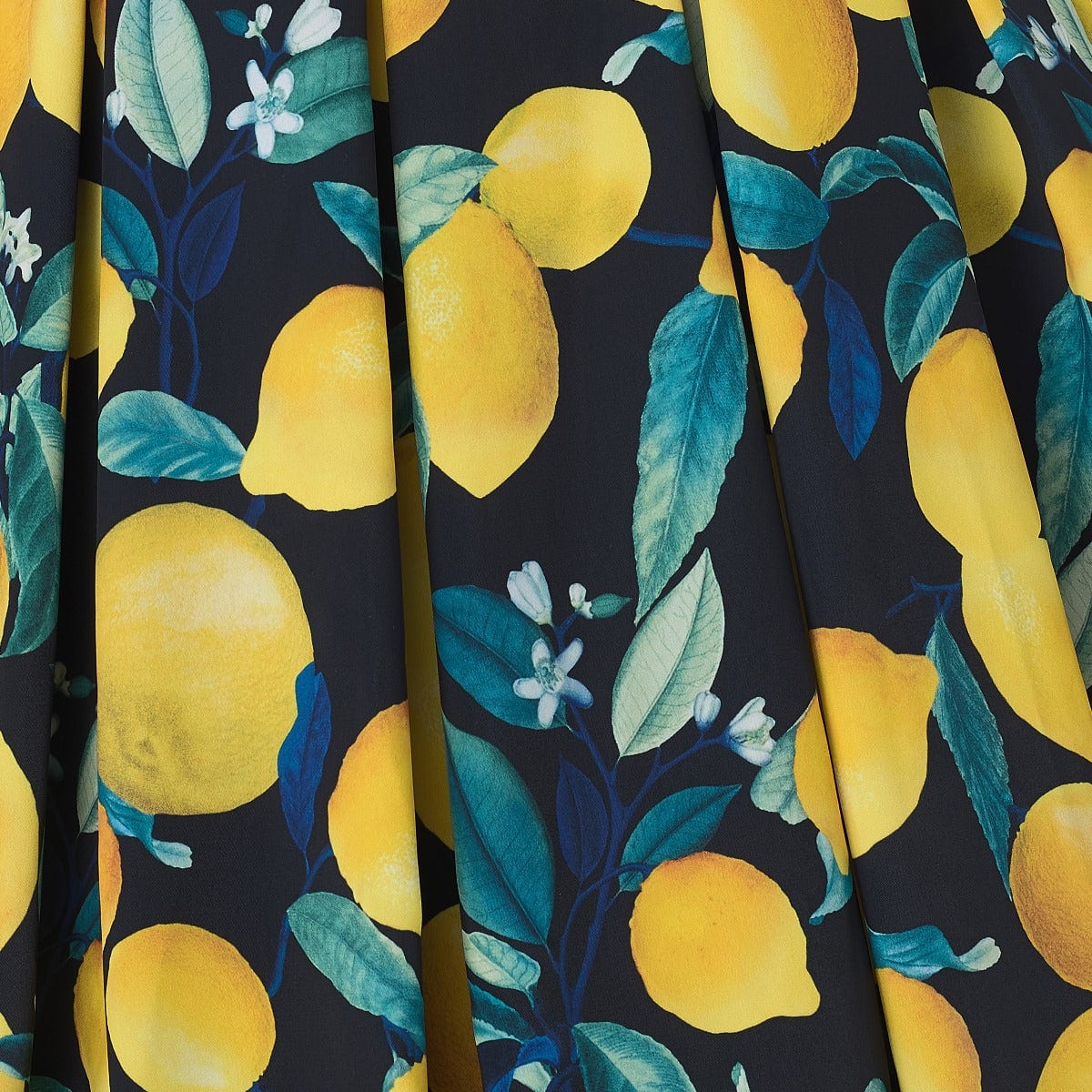 Amanda Vintage Inspired Lemon Print Dress in Dark Blue with a Scoop Neckline & Hidden Pockets