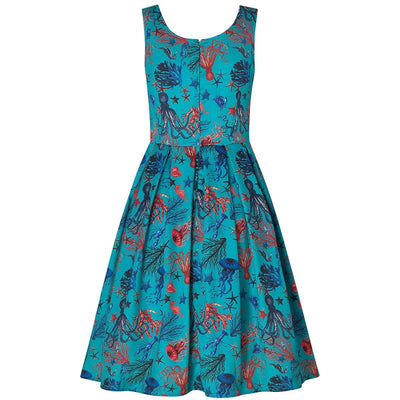 Amanda flared dress, in sea blue, with blue and red octopus, squid and jellyfish print, back view