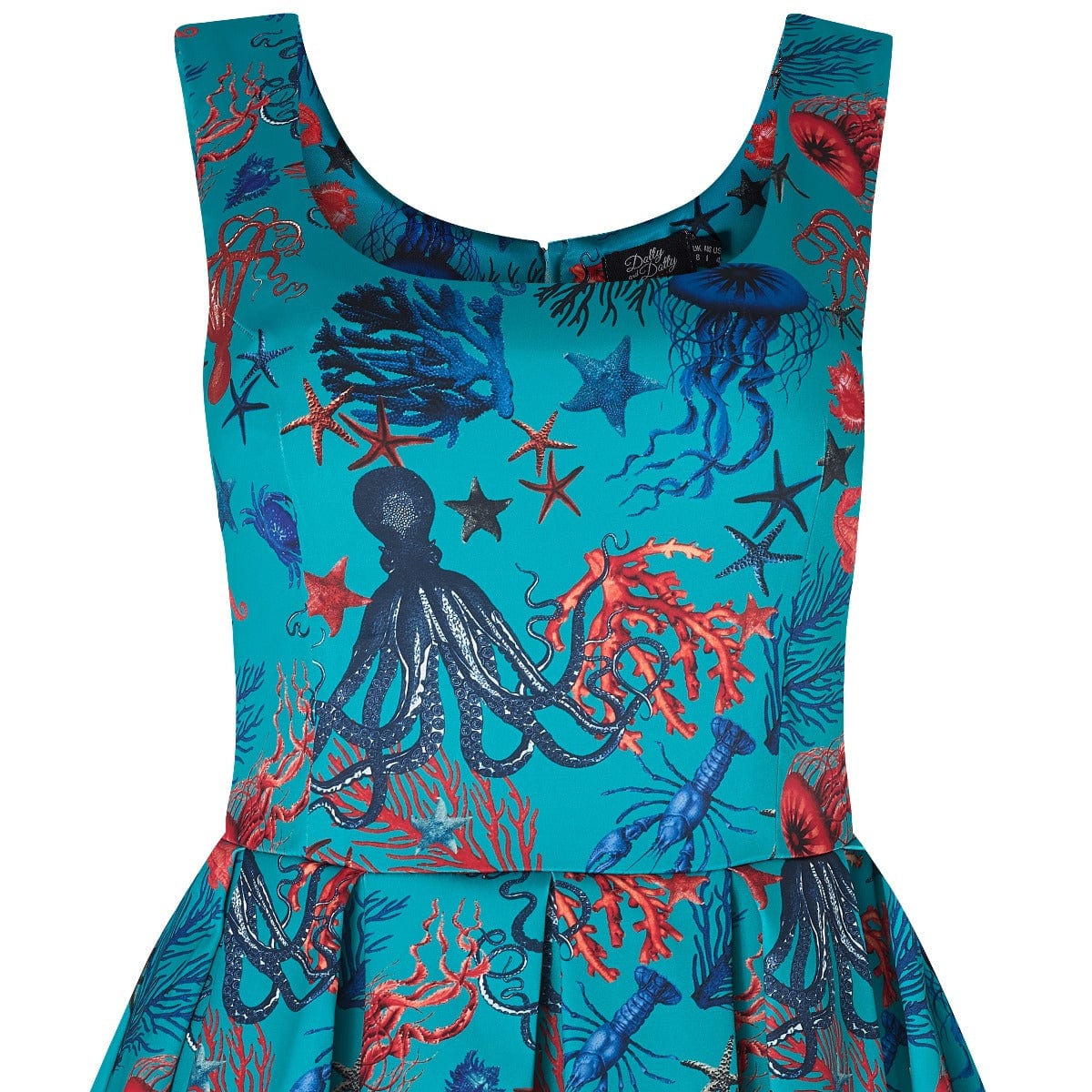 Amanda flared dress, in sea blue, with blue and red octopus, squid and jellyfish print, close up view