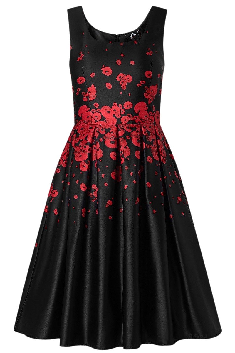 Amanda 50s Style Satin Dress Black with Raising Red Poppy Flower Print