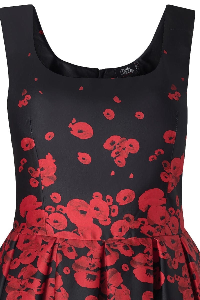 Amanda 50s Style Satin Dress Black with Raising Red Poppy Flower Print