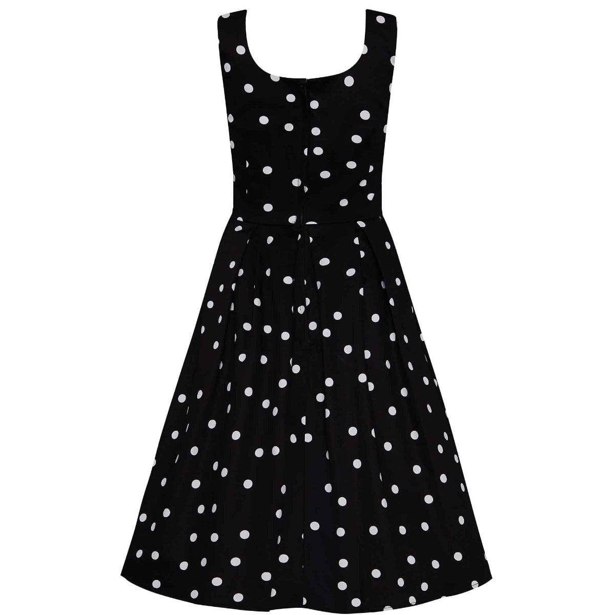 Amanda Polka Dot Scoop Neck Swing Dress in Black and White, back view