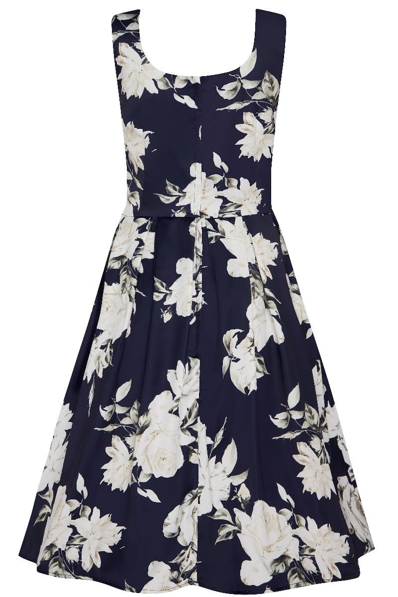 Gorgeous Amanda 50s Inspired Navy Swing Dress & White Roses