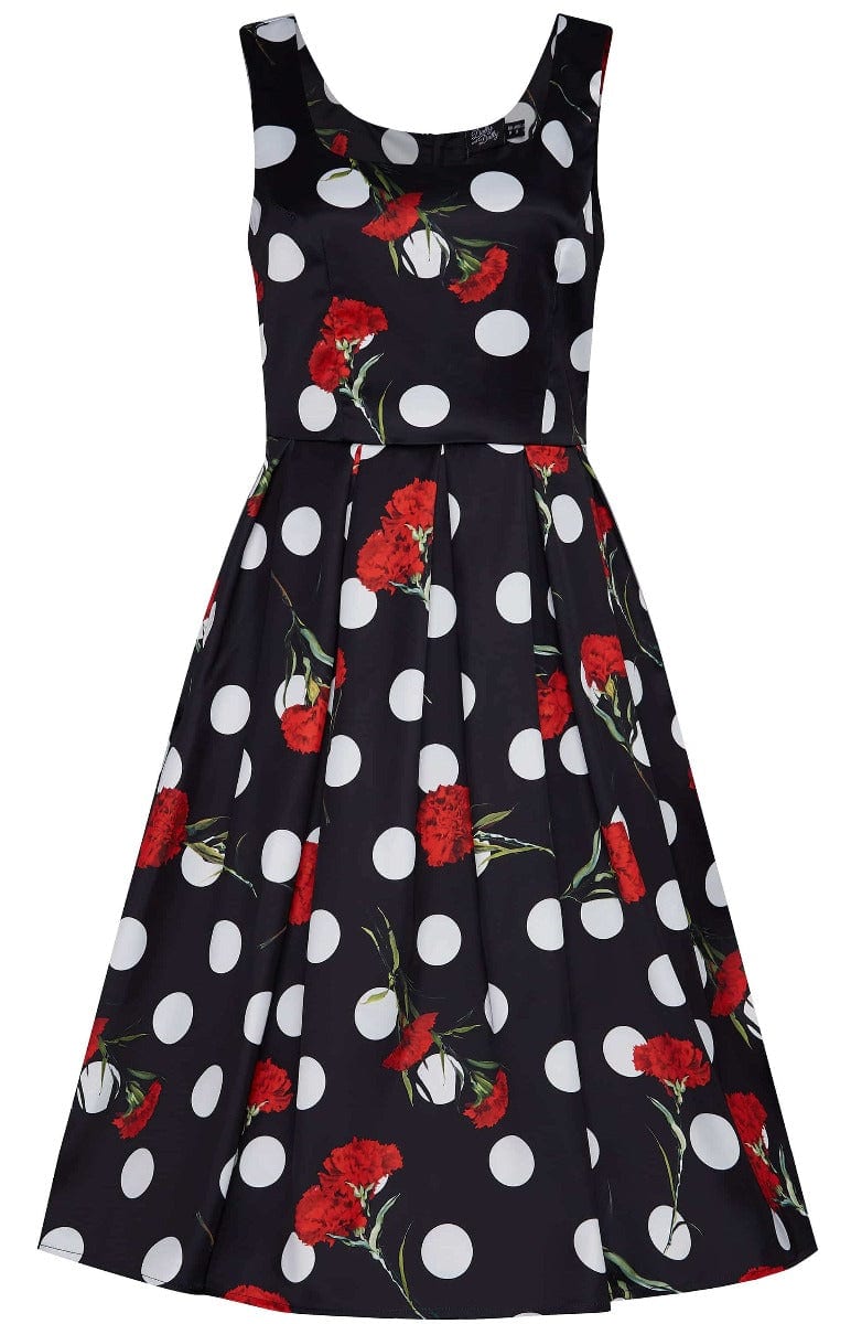 Black scoop neckline dress in large white spots and red roses print