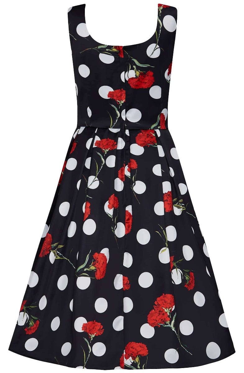 Black scoop neckline dress in large white spots and red roses print back view