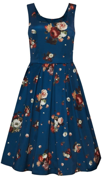 Gorgeous Amanda 50s Inspired Navy Blue Swing Dress with Red and White Flowers