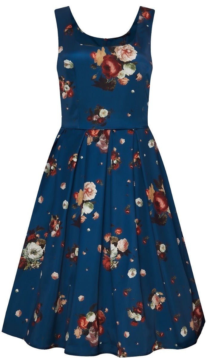 Gorgeous Amanda 50s Inspired Navy Blue Swing Dress with Red and White Flowers