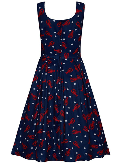 Gorgeous Amanda 50s Inspired Navy Swing Dress with Red Lobsters and White Dots