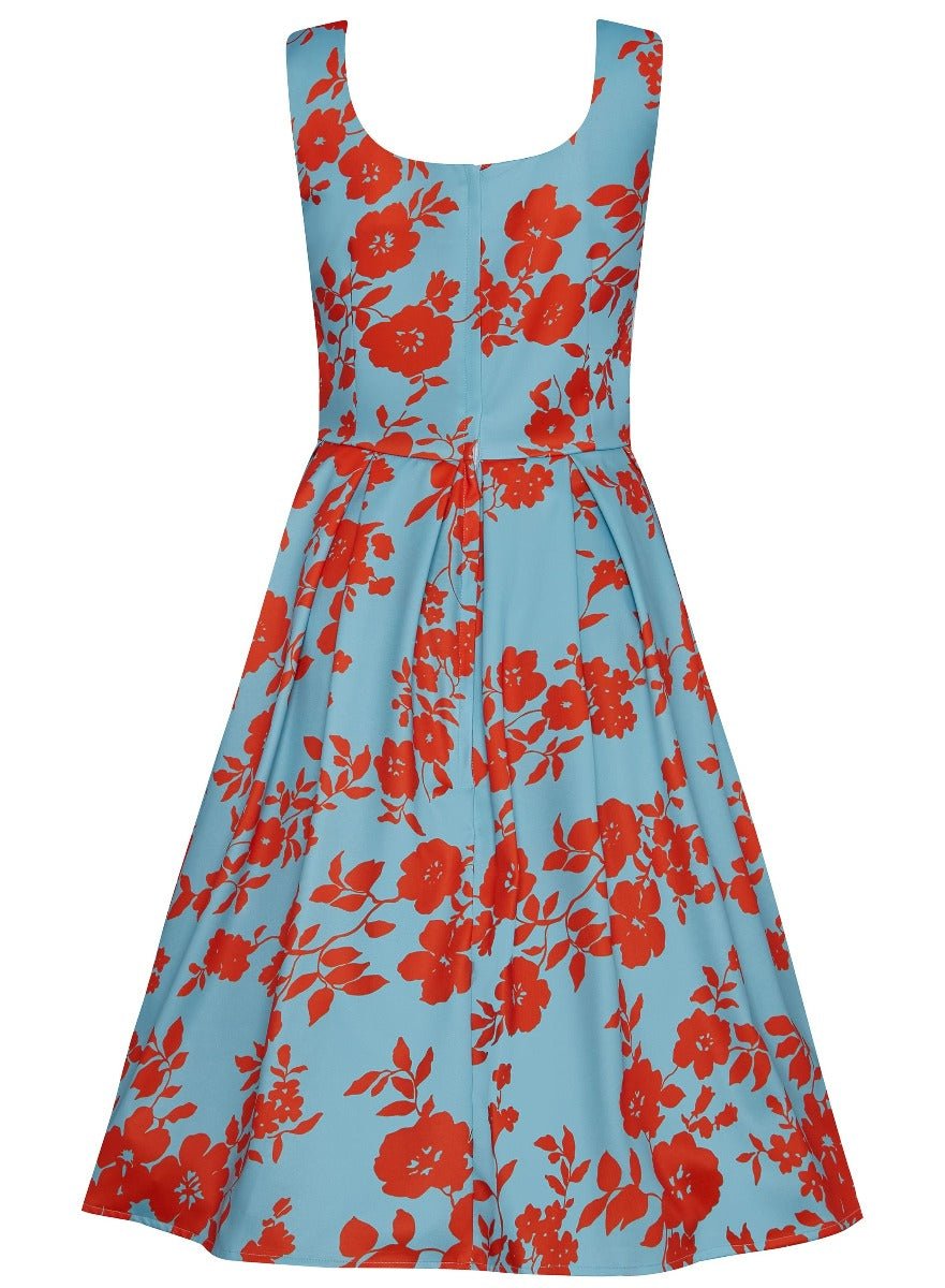 Amanda 50s Blue Swing Dress with Red Flowers by Dolly and Dotty Amanda 50s Blue Swing Dress with Red Flowers by Dolly and Dotty