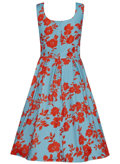 Gorgeous Amanda 50s Inspired Light Blue Swing Dress with Red Flowers