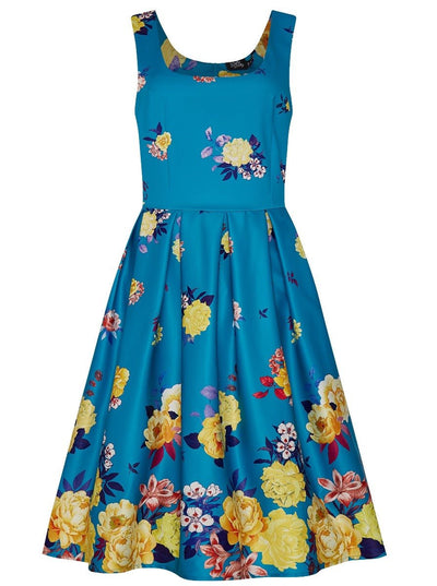 Gorgeous Amanda 50s Inspired Blue Swing Dress with Raising Yellow Flowers