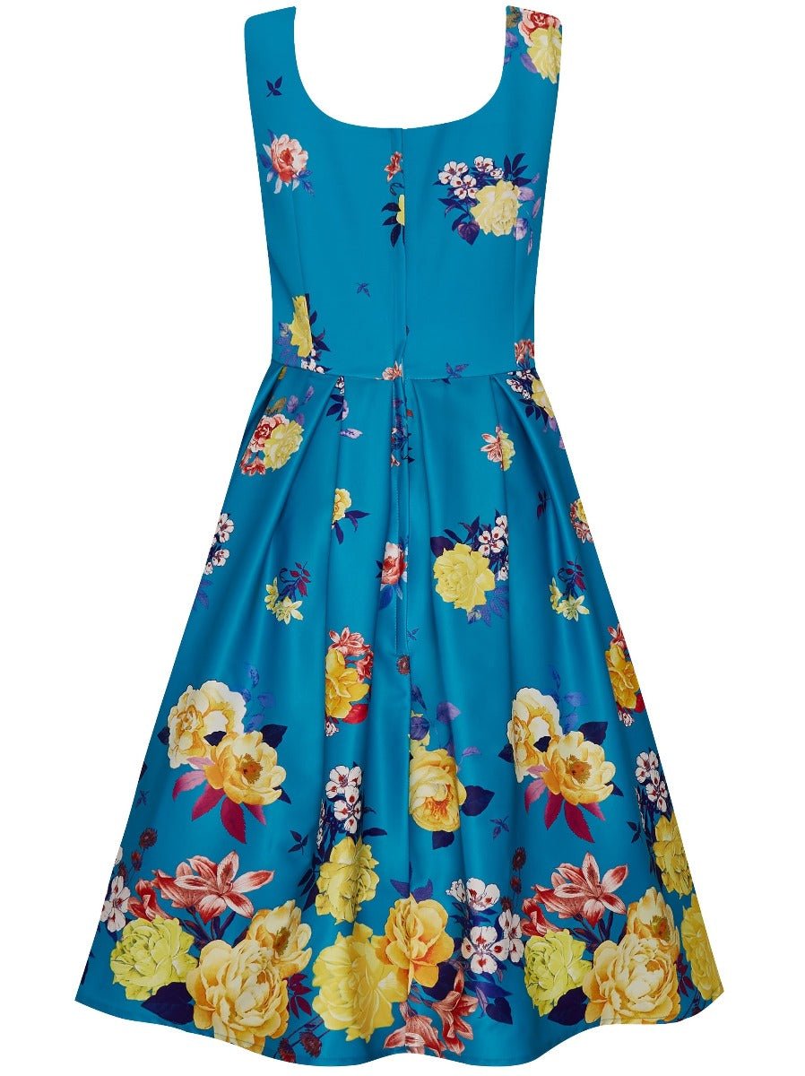 Gorgeous Amanda 50s Inspired Blue Swing Dress with Raising Yellow Flowers