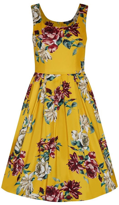 Amanda square neckline dress, in yellow, with pink and beige roses, front view